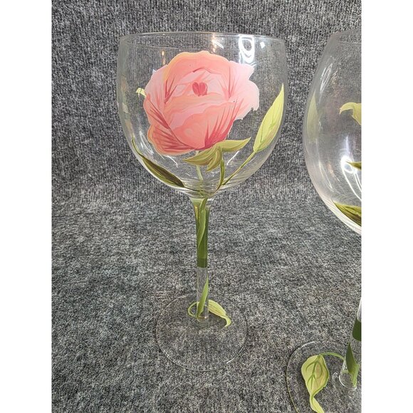 Set of 4 Hand-Painted Floral Wine Glasses Pink Flower Elegant Stemware 8.25" - Picture 4 of 7
